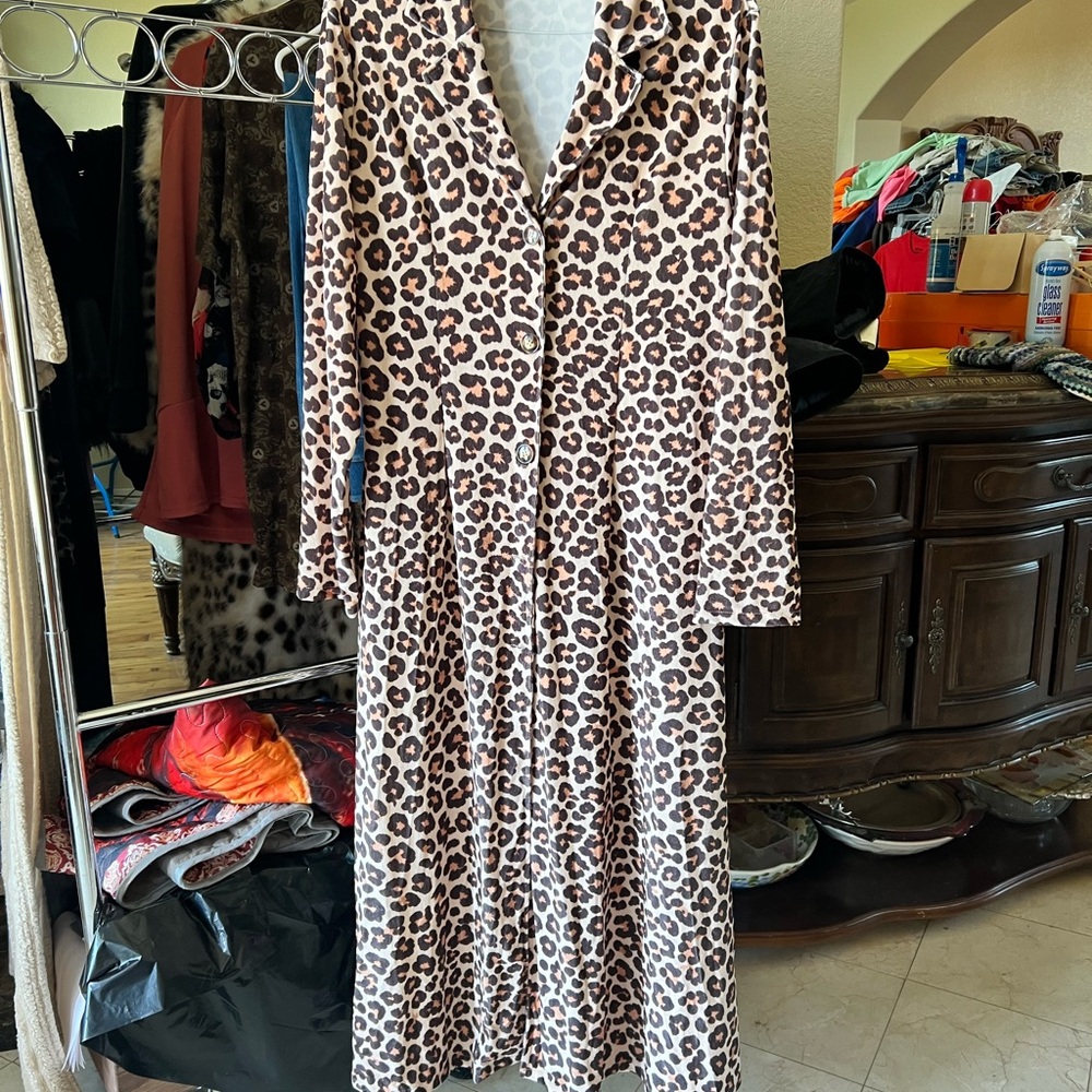 Chic Leopard Print Long Sleeve Coat with Side Pockets.